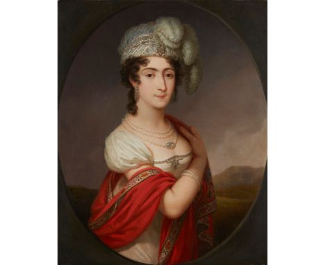 19TH CENTURY FRENCH SCHOOL  HALF LENGTH PORTRAIT OF A YOUNG LADY WITH RED SHAWL AND WHITE LACE oil on canvas, feigned oval(76