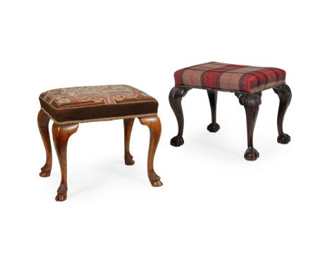 GEORGE II STYLE WALNUT FRAMED STOOL   EARLY 20TH CENTURY with needlework upholstered seat with exotic birds, cabriole legs an