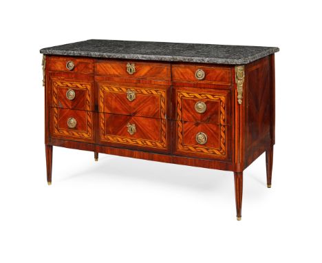 FRENCH LOUIS XVI MARBLE TOPPED KINGWOOD AND FRUITWOOD PARQUETRY COMMODE LATE 18TH CENTURY the moulded marble top above three 