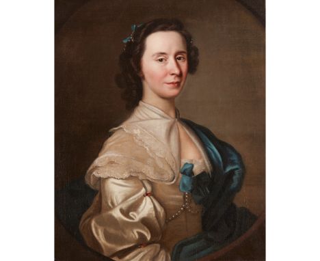 FOLLOWER OF ALLAN RAMSAY  HALF LENGTH PORTRAIT OF A WOMAN IN WHITE DRESS WITH BLUE CLOAK oil on canvas, feigned oval(71cm x 5
