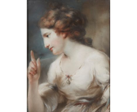 ATTRIBUTED TO JOHN RUSSELL HALF LENGTH PORTRAIT OF LADY IN WHITE DRESS WITH PEARL PENDANT pastel(59cm x 43.5cm (23.25in x 17i