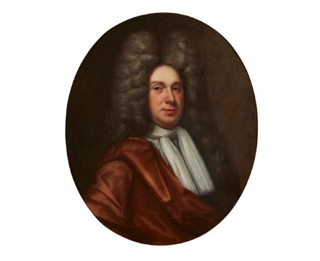 18TH CENTURY ENGLISH SCHOOL HALF LENGTH PORTRAIT OF GENTLEMAN IN HIGH WIG oil on canvas, oval(73cm x 61cm (28.75in x 24in))