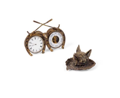 NOVELTY BRASS DESK CLOCK/BAROMETER   LATE 19TH/EARLY 20TH CENTURY modelled as two horseshoes holding a clock and barometer, b