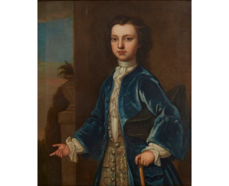EARLY 18TH CENTURY ENGLISH SCHOOL  THREE QUARTER LENGTH PORTRAIT OF A BOY IN BLUE COAT HOLDING A oil on canvas(76cm x 61cm (3