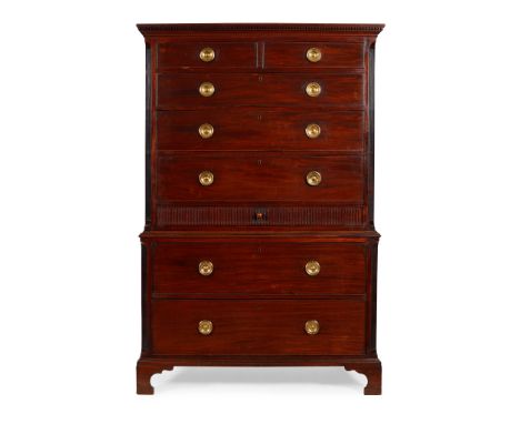 GEORGE III MAHOGANY CHEST ON CHEST   LATE 18TH/EARLY 19TH CENTURY with dentil carved pediment and two short over three long g