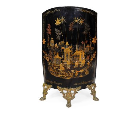 CHINOISERIE PAINTED TOLE FIREGUARD   LATE 19TH CENTURY of convex form, depicting figures and buildings, raised on gilt metal 