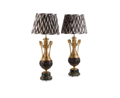 PAIR OF FRENCH GILT AND PATINATED METAL LAMP BASES  19TH CENTURY converted from paraffin, with twin handles over a globular b
