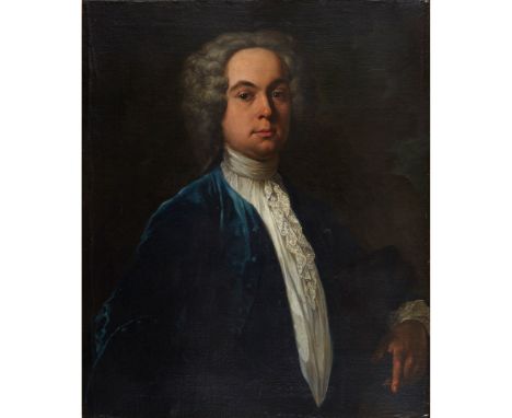 18TH CENTURY ENGLISH SCHOOL  HALF LENGTH PORTRAIT OF A GENTLEMAN IN A BLUE JACKET AND WHITE LACE oil on canvas(76cm x 61cm (3