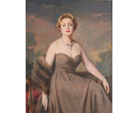COWAN DOBSON (SCOTTISH 1894-1980)  THREE QUARTER LENGTH PORTRAIT OF LADY BOWDEN IN GREY EVENING signed, oil on canvas(109cm x