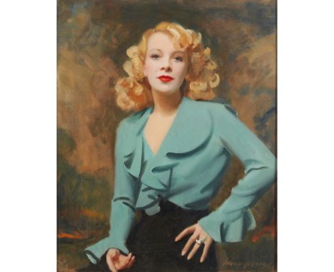 § COWAN DOBSON (SCOTTISH 1894-1980)  THREE QUARTER LENGTH PORTRAIT OF A BLONDE WOMAN IN BLUE BLOUSE signed and dated ’45, oil