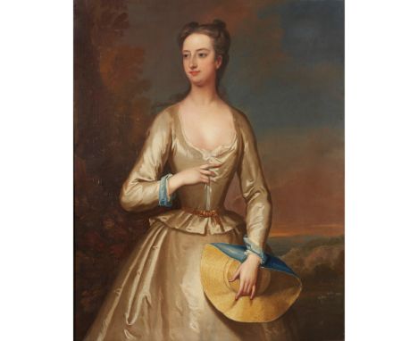 CHARLES JERVAS (IRISH 1675-1739)   THREE QUARTER LENGTH PORTRAIT OF A LADY IN WHITE HOLDING A STRAW oil on canvas(127cm x 102