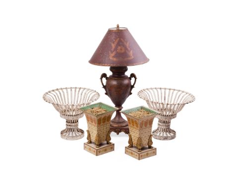 PAIR OF CREAM PAINTED METAL BASKETWEAVE URNS   MODERN together with an EMPIRE STYLE TOLE LAMP; and a pair of CHARLES X STYLE 