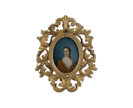 17TH CENTURY ENGLISH SCHOOL   HALF LENGTH PORTRAIT OF MISS RUSSELL inscribed verso, oil on copper, oval(12cm high)