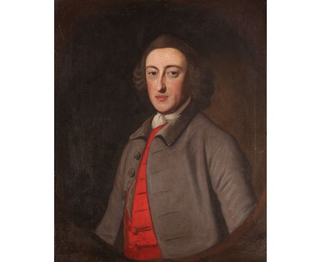 18TH CENTURY ENGLISH SCHOOL  HALF LENGTH PORTRAIT OF A YOUNG MAN WITH A GREY COAT AND RED WAISTCOAT oil on canvas, feigned ov