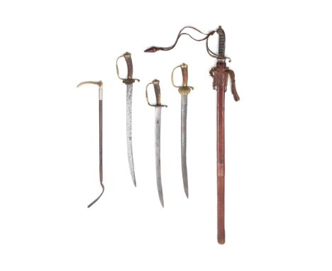 GROUP OF THREE GERMAN HUNTING HANGERS   18TH/19TH CENTURY with antler handles; together with an OFFICER'S SWORD; and a RIDING