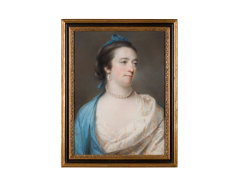 FRANCIS COTES (BRITISH 1726-1770) HALF LENGTH PORTRAIT OF A WOMAN IN A BLUE DRESS, POSSIBLY THE signed and dated 1762, pastel