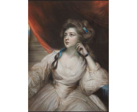 18TH CENTURY ENGLISH SCHOOL  THREE QUARTER LENGTH PORTRAIT OF A WOMAN IN WHITE DRESS WITH BLUE pastel(73cm x 53cm (28.75in x 