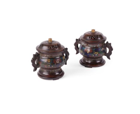 PAIR OF CHINESE CLOISONNÉ ENAMEL CENSERS 20TH CENTURY each decorated with taotie mask to each side, flanked with mythical bea