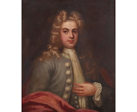 18TH CENTURY ENGLISH SCHOOL HALF LENGTH PORTRAIT OF A YOUNG MAN IN GREY JACKET AND RED CLOAK oil on canvas(72cm x 61cm (28.25