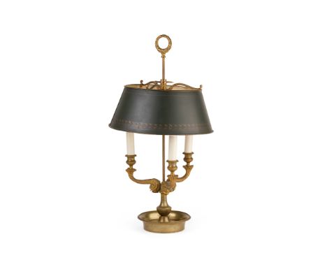 FRENCH GILT BRASS BOUILLOTTE LAMP   19TH CENTURY the green shade on a central square stem issuing three scaled scrolled arms,