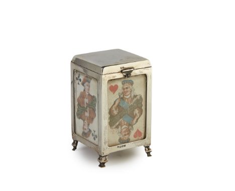 EDWARDIAN SILVER PLAYING CARD BOX, BY JAMES DEAKIN &amp; SONS, CHESTER HALLMARKED FOR 1904 the panelled box with glass panels