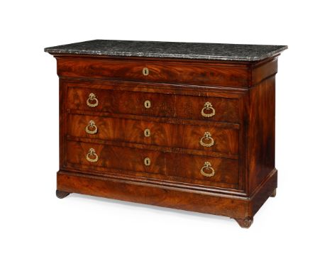 CHARLES X MARBLE TOPPED MAHOGANY COMMODE   EARLY 19TH CENTURY with a variegated grey marble top above a secretaire drawer, op