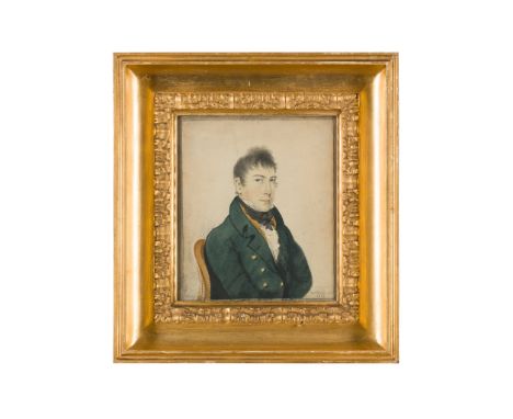 THOMAS BROOKS  HALF LENGTH PORTRAIT OF A YOUNG MAN WITH A BLUE JACKET signed and dated 1809, pencil and watercolour(20cm x 17