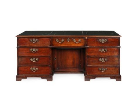 GEORGE III MAHOGANY TWIN PEDESTAL DESK   LATE 18TH/EARLY 19TH CENTURY the top with a green leather skiver and moulded edge, o