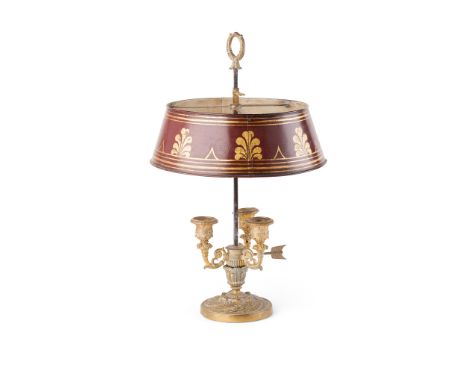 FRENCH GILT BRASS BOUILLOTTE LAMP  19TH CENTURY with gilt maroon coloured tole shade raised on a square column, holding three