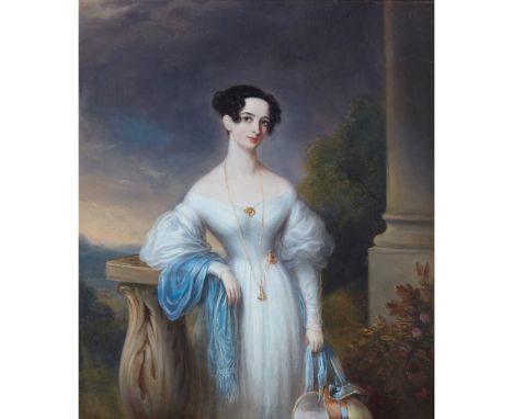WILLIAM MOORE (BRITISH 1790-1851)  THREE QUARTER LENGTH PORTRAIT OF AN ELEGANT WOMAN ON A BALCONY signed and dated 1831, oil 