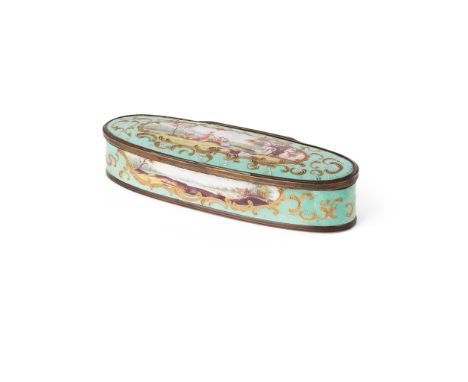 FRENCH OVAL ENAMEL BOX   19TH CENTURY depicting figures in landscapes, on a green ground, with antique label to bottom 'Galle