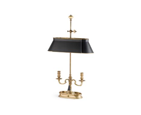 FRENCH BRASS BOUILLOTTE LAMP   19TH CENTURY with adjustable black shade, ivory knops, two scrolling sconces issuing from a tu