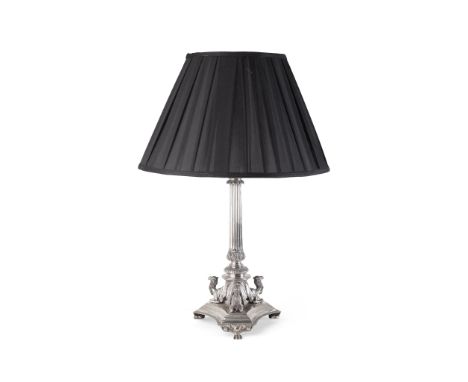 SILVER PLATED CORINTHIAN COLUMN TABLE LAMP   19TH CENTURY the reeded column raised on a tripartite base modelled with camels;