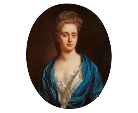 JOHN CLOSTERMAN (GERMAN 1660-1711)   HALF LENGTH PORTRAIT OF A WOMAN IN BLUE AND WHITE DRESS oil on canvas, oval(76cm x 61cm 