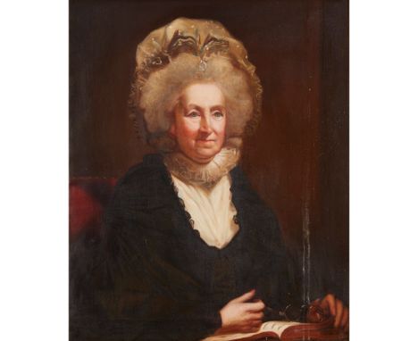 19TH CENTURY ENGLISH SCHOOL HALF-LENGTH PORTRAIT OF AN ELDERLY WOMAN WITH BOOK AND SPECTACLES Oil on canvas(74cm x 61cm (29.2