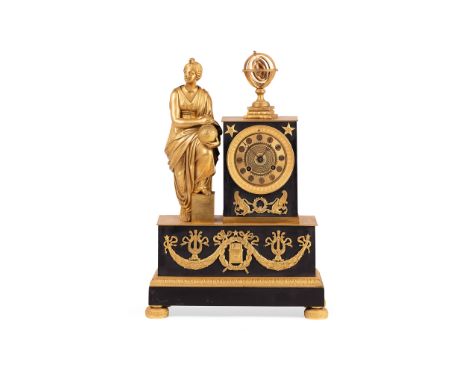 FRENCH EMPIRE GILT AND PATINATED BRONZE MANTEL CLOCK   EARLY 19TH CENTURY mounted with a bronze figure of Urania, beside armi