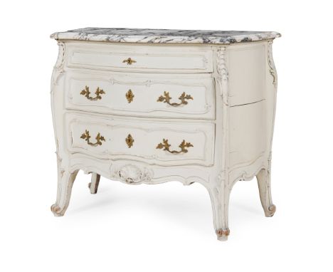 FRENCH MARBLE TOPPED CREAM PAINTED WOOD SERPENTINE COMMODE   LATE 19TH/EARLY 20TH  CENTURY in the Louis XV manner, with Brech