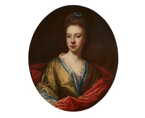 17TH CENTURY ENGLISH SCHOOL   HALF LENGTH PORTRAIT OF A WOMAN IN CHARTREUSE DRESS WITH RED WRAP oil on canvas, oval(76cm x 61
