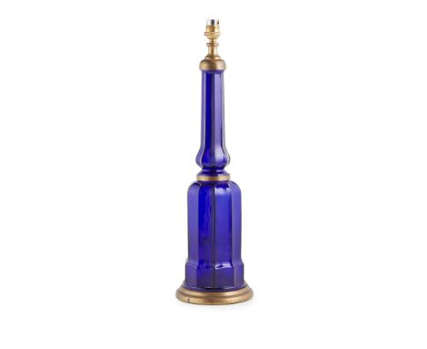 VICTORIAN BLUE GLASS TABLE LAMP   19TH CENTURY of mallet form, with panelled column and base, gilt metal mounts, wired for el