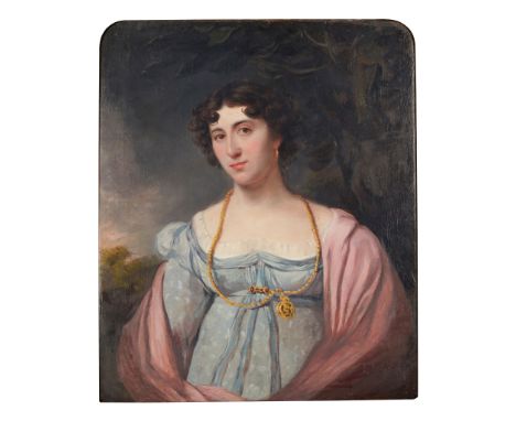 19TH CENTURY ENGLISH SCHOOL HALF LENGTH PORTRAIT OF A YOUNG WOMAN WEARING A LOCKET oil on canvas, arched top(76cm x 63.5cm (3