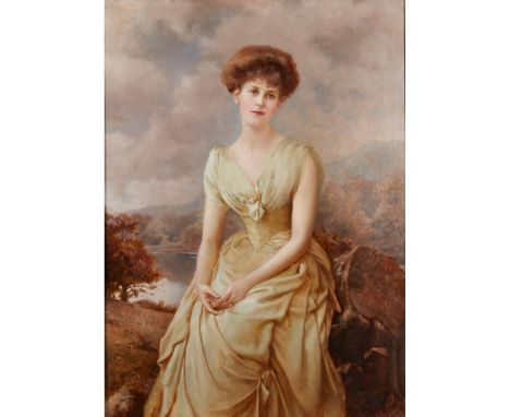 EDWARD HUGHES (BRITISH 1832-1908)  THREE QUARTER LENGTH PORTRAIT OF AN ELEGANT LADY ABOVE A LAKE signed and dated 1889, oil o