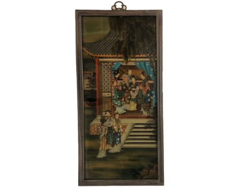 Framed Chinese Painting on Glass Interior Scene with figures in courtyard &amp; young lady with attendants, black script &amp