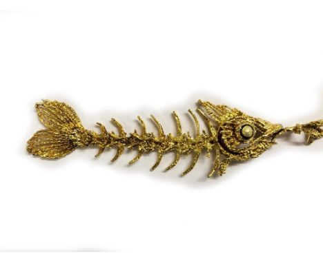 Roger Lucas 18ct Gold &amp; Enamel Articulated Skeleton Fish Pendant with long fancy link chain, pendant approx. 4 1/2" L, ch
