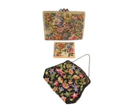 Ladies Vintage Bead &amp; Needlework Evening Bag with enamelled clasp &amp; silk lined interior, labelled 'Made In France Han