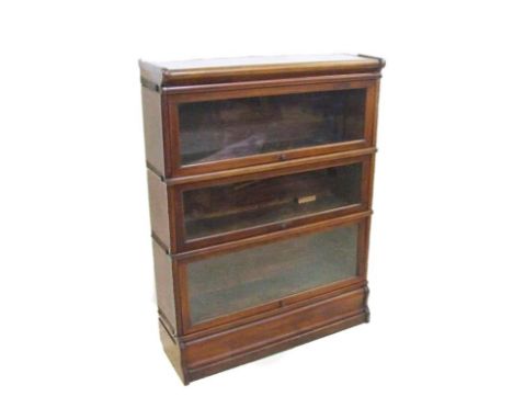 Mahogany 3 Section Globe Wernicke Bookcase on shaped plinth base with canopy top, plain glass slides  CONDITION REPORT 