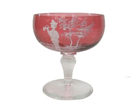 Mary Gregory Style Cranberry Bowl on clear glass foot decorated with boy blowing a trumpet, approx. 5" H  CONDITION REPORT 