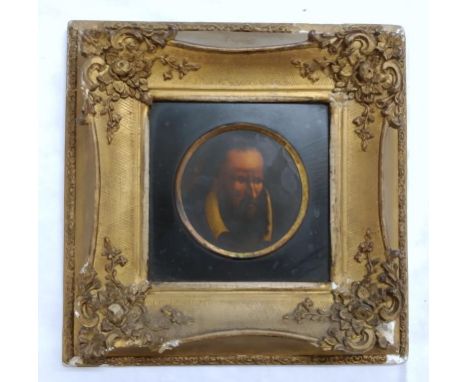 Early Small Circular Portrait Gentleman with white collar, in ebonised inner frame with swept gilt outer frame, image approx.