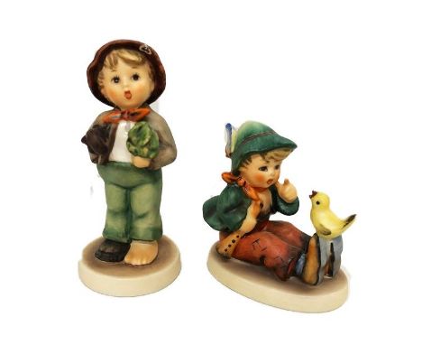 2 Goebel Figurines: Boy with umbrella &amp; Seated Child with chick (2)  CONDITION REPORT boy has minor chip to top of hat