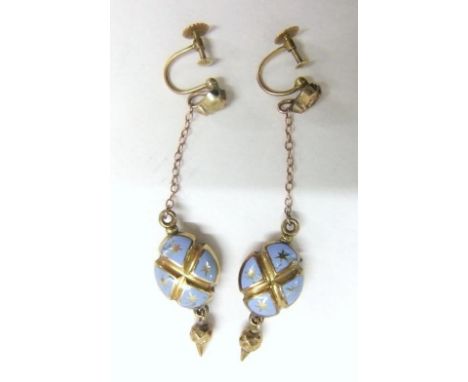 Pair 9ct Gold &amp; Enamel Drop Earrings &amp; quarter lozenge with turquoise enamel &amp; stars, lower drop, suspension chai