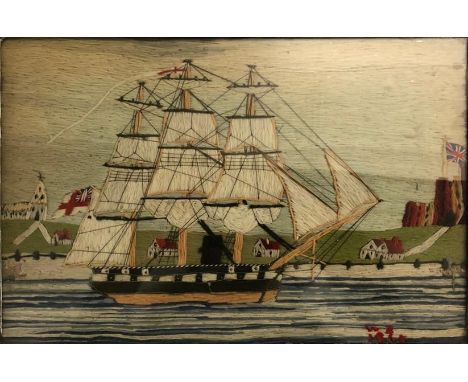 F/g C19th Tapestry Tall Ship offshore with church, red roofed houses & fort flying Union Jack, ship flying red ensign, monogr